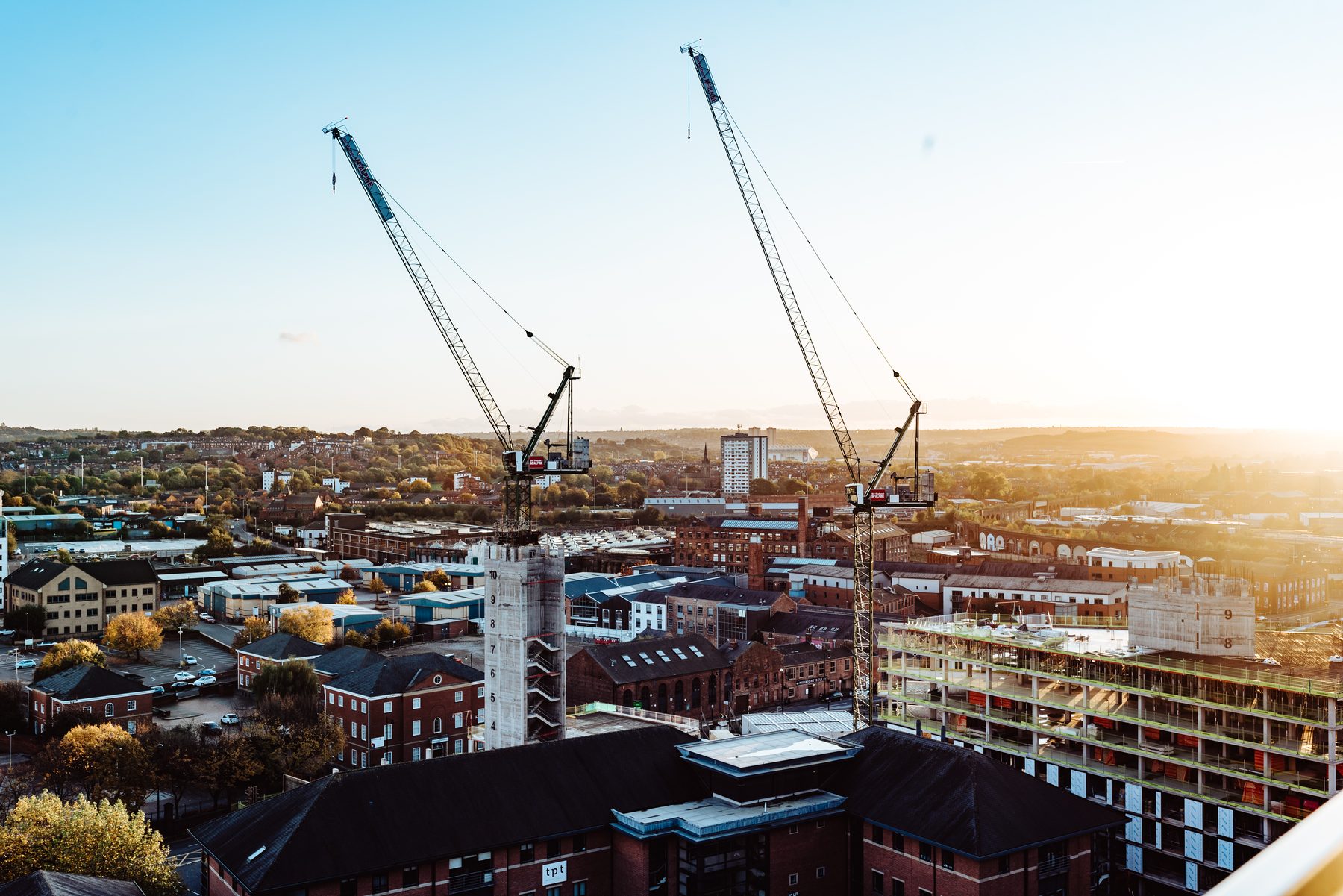 Leeds city skyline with construction cranes
