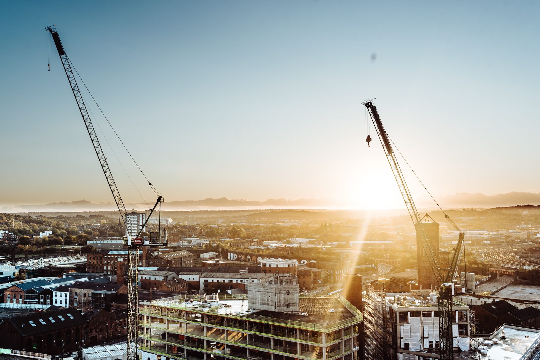 Leeds skyline during a development project at sunrise